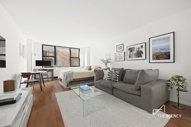 living area with baseboards and wood finished floors