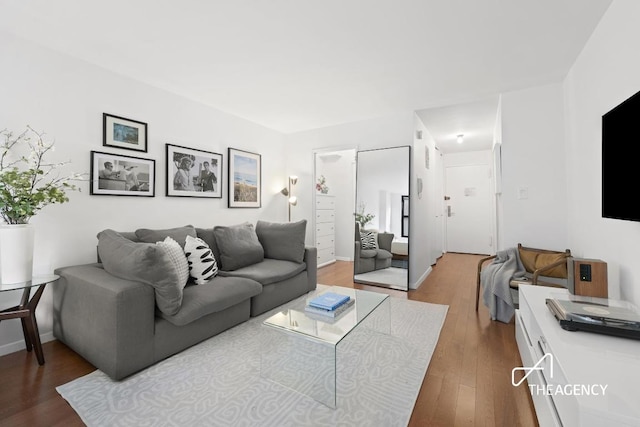 living area featuring baseboards and wood finished floors