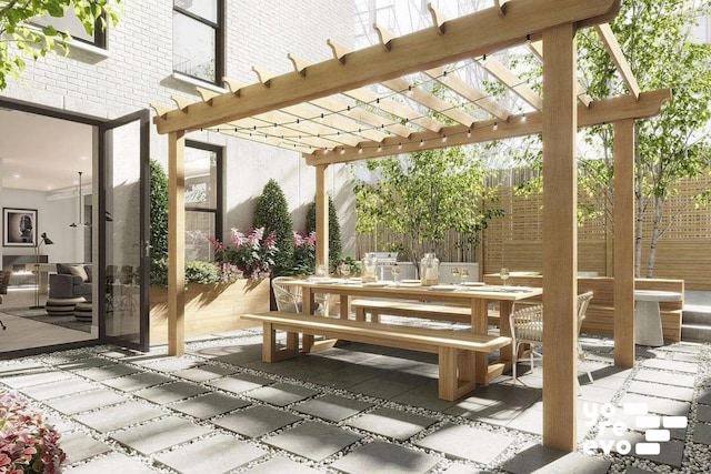 view of patio with outdoor dining area, fence, and a pergola