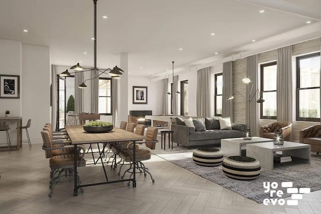 dining room featuring recessed lighting and a fireplace