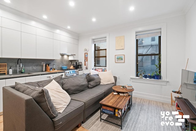 living area with baseboards, ornamental molding, and recessed lighting