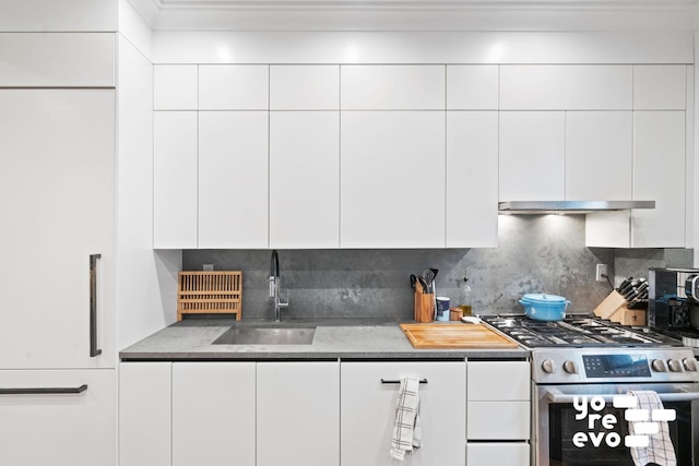 kitchen featuring stainless steel gas range oven, a sink, white cabinets, and under cabinet range hood