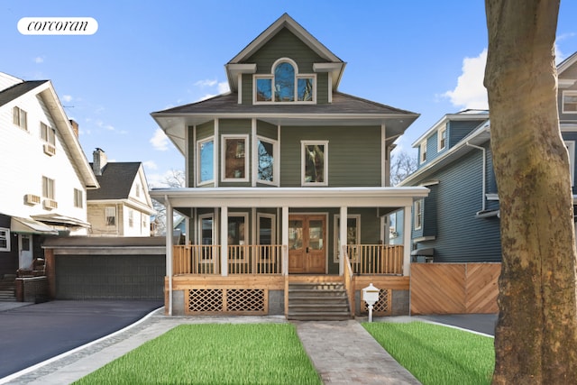 view of front of property featuring covered porch and a front yard