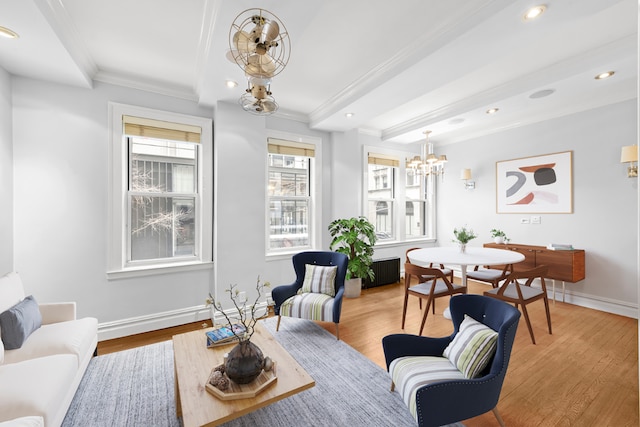 living room with baseboards, wood finished floors, crown molding, beam ceiling, and recessed lighting