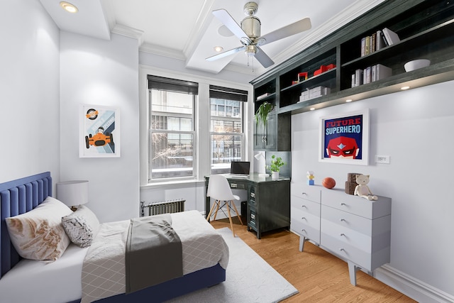 66 Madison Ave Unit 1A, New York City, NY 10016 - bedroom with crown molding, radiator, light wood-style flooring, and a ceiling fan