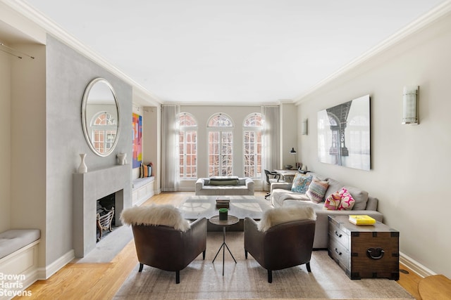 living room featuring crown molding, a fireplace, and light wood-type flooring