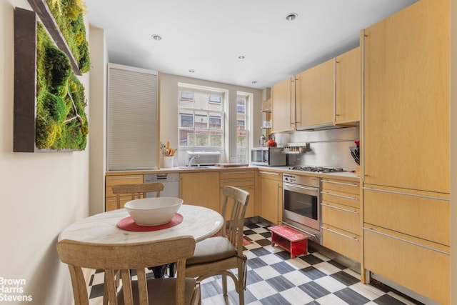 kitchen featuring light brown cabinetry, sink, and stainless steel appliances