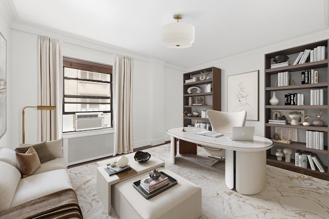 home office with radiator, cooling unit, ornamental molding, and wood finished floors