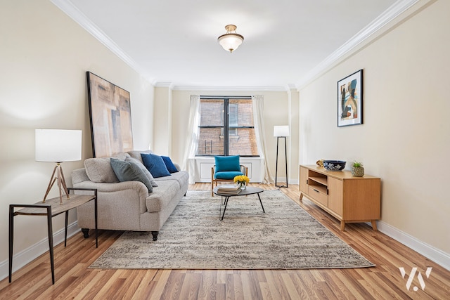 living area featuring wood finished floors, baseboards, and ornamental molding