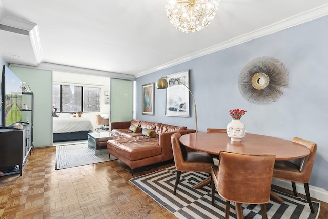 dining space with ornamental molding, parquet flooring, and a notable chandelier