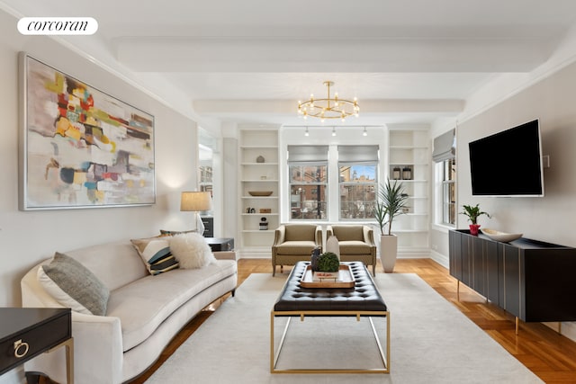 living room featuring built in shelves, beam ceiling, visible vents, and an inviting chandelier