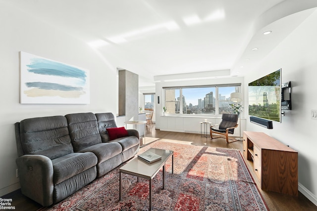 living area featuring baseboards, wood finished floors, and recessed lighting