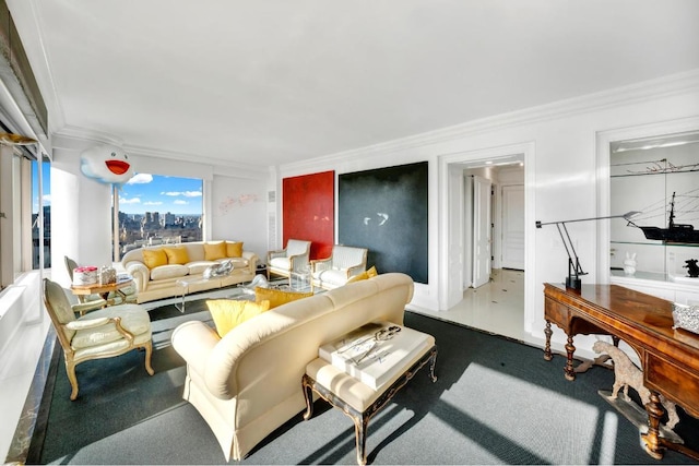 living room with crown molding