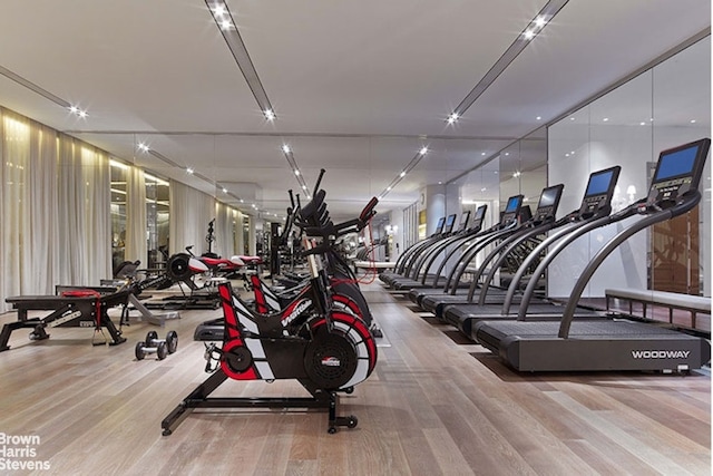 exercise room featuring light hardwood / wood-style flooring