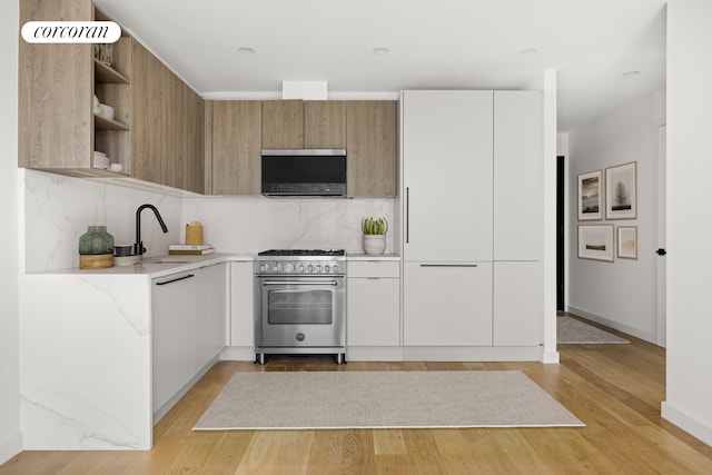 kitchen with a sink, high end stainless steel range oven, backsplash, open shelves, and modern cabinets