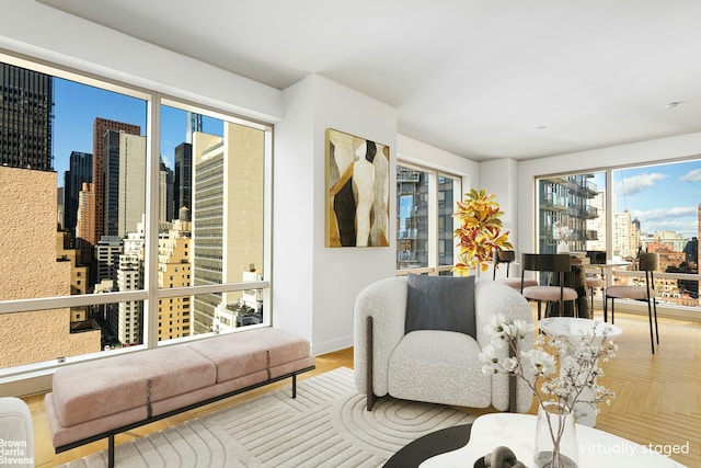 living room featuring a view of city and baseboards