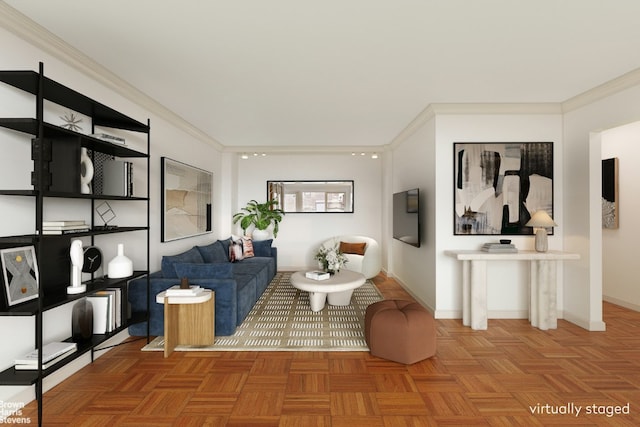 living room featuring crown molding and parquet flooring