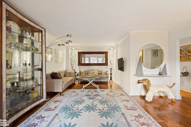 interior space featuring ornamental molding and parquet flooring