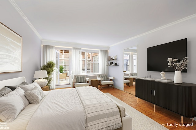 bedroom with ornamental molding and multiple windows