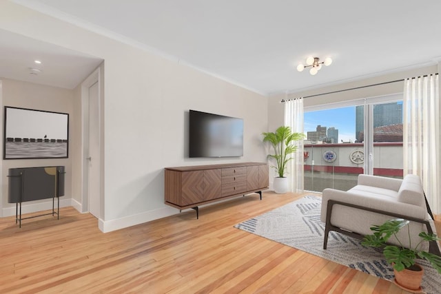 living room featuring hardwood / wood-style floors and ornamental molding