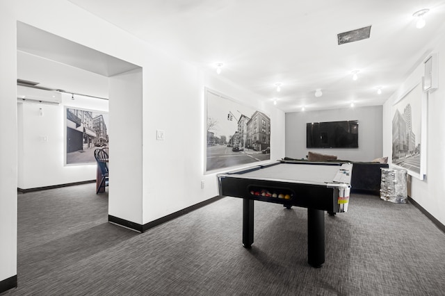 game room with an AC wall unit, carpet floors, billiards, and baseboards