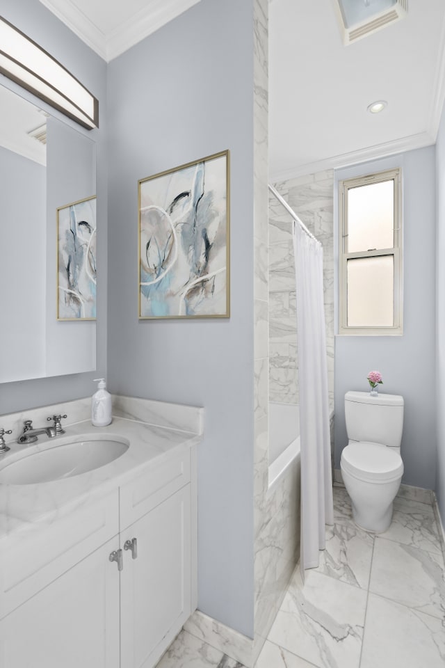 bathroom with vanity, ornamental molding, marble finish floor, toilet, and recessed lighting