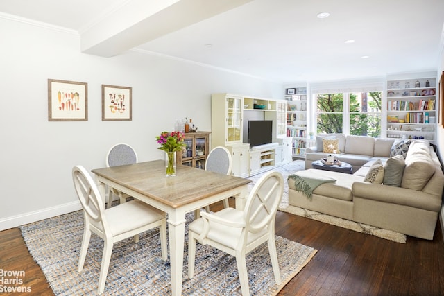 dining room featuring ornamental molding, recessed lighting, baseboards, and wood finished floors