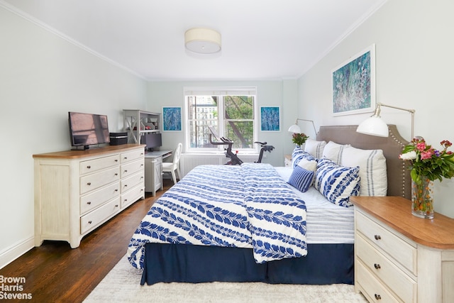 64 E 94th St Unit 3C, New York City, NY 10128 - bedroom with crown molding, dark wood-style flooring, and baseboards