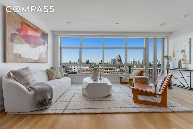 living room featuring a view of city and wood finished floors