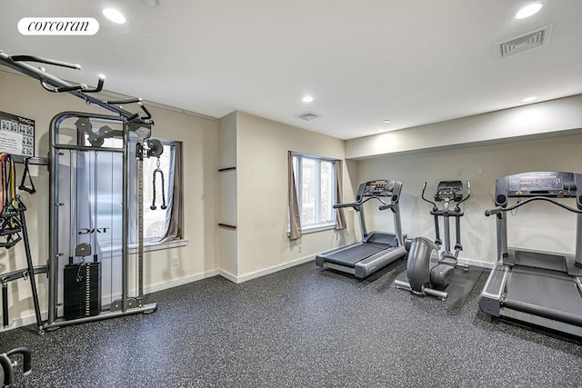 gym with recessed lighting, visible vents, and baseboards