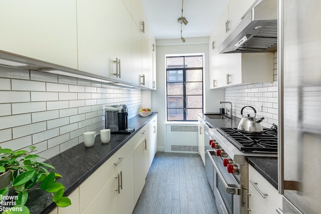 kitchen featuring high quality appliances, sink, radiator heating unit, and white cabinets