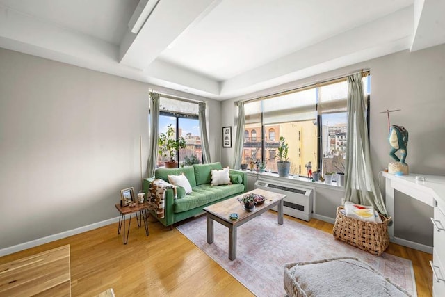 living area featuring baseboards, wood finished floors, and heating unit