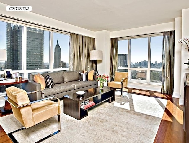 living room with a view of city, visible vents, and wood finished floors