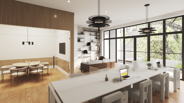 450 Grand Ave Unit 4A, New York City, NY 11238 - dining space featuring light wood finished floors, plenty of natural light, a ceiling fan, recessed lighting, and wooden walls