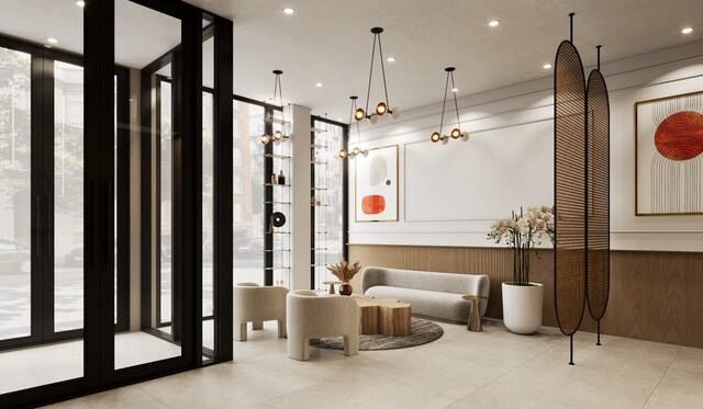 450 Grand Ave Unit 4A, New York City, NY 11238 - common area featuring a wall of windows, a wainscoted wall, recessed lighting, and wood walls