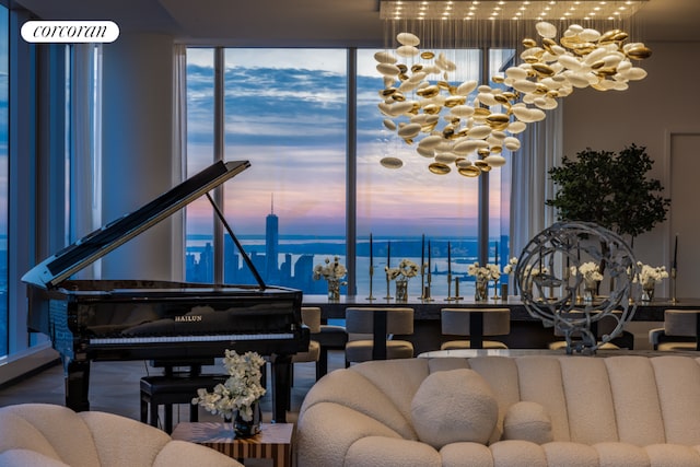 interior space with a water view and an inviting chandelier