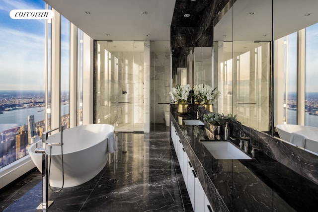 bathroom with a water view, vanity, plenty of natural light, and a wall of windows