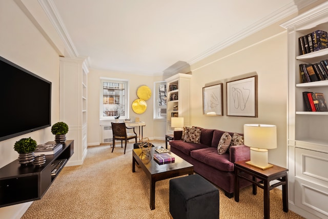 living area with crown molding, built in shelves, baseboards, and light colored carpet