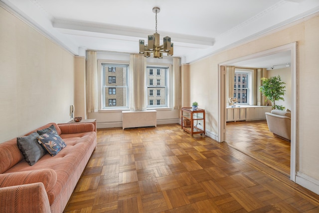 sitting room with radiator, baseboards, crown molding, beamed ceiling, and a chandelier