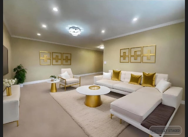 living room featuring recessed lighting, crown molding, and baseboards