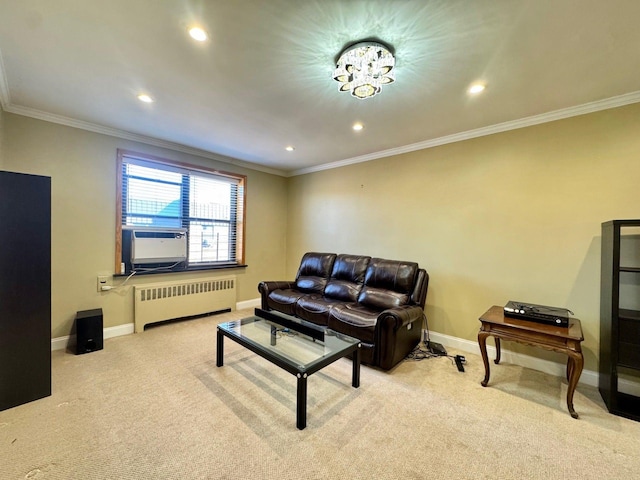 living area featuring baseboards, light carpet, radiator, and crown molding