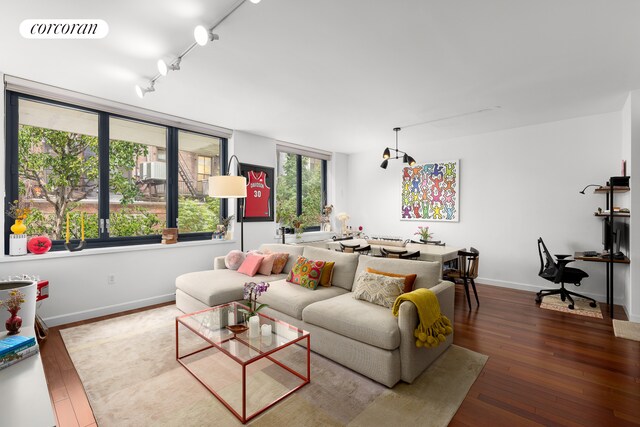 living area with hardwood / wood-style flooring, baseboards, visible vents, and track lighting