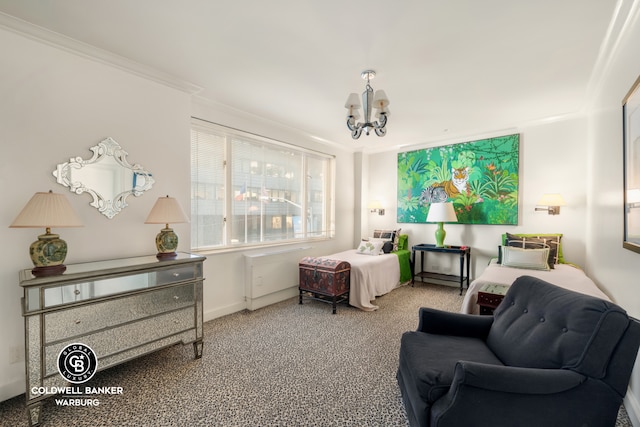 carpeted bedroom with a chandelier and ornamental molding