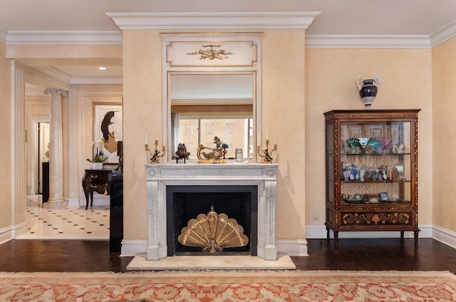 475 Park Ave Unit 8A/Sr23, New York City, NY 10022 - detailed view of wood finished floors, a fireplace, and crown molding