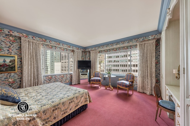 carpeted bedroom featuring multiple windows, wallpapered walls, and ornamental molding