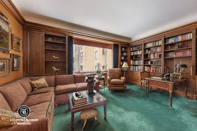 living area featuring carpet flooring