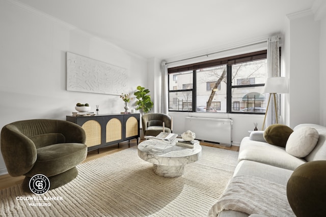 sitting room featuring crown molding, wood finished floors, radiator, and baseboards
