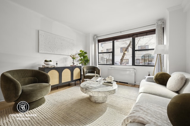 living area with wood finished floors, radiator heating unit, and crown molding