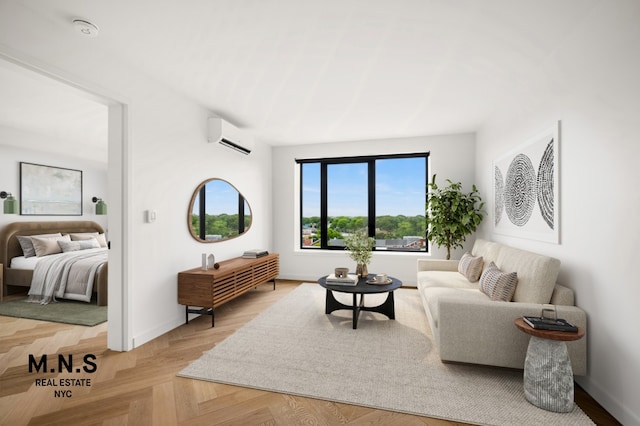 22-54 46th St Unit 201, New York City, NY 11105 - living area featuring a wall mounted AC and baseboards