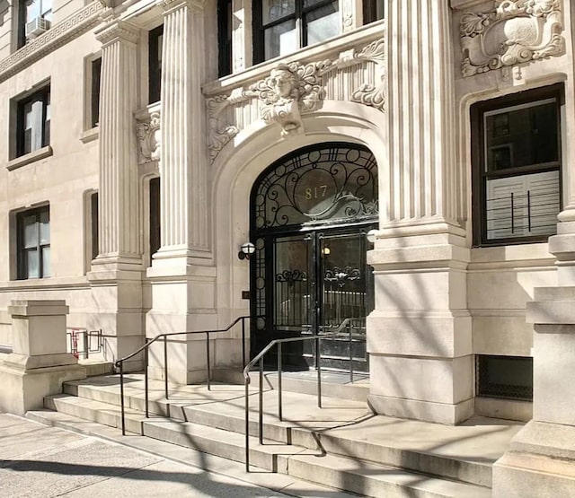 817 W End Ave Unit 3Cc, New York City, NY 10025 - entrance to property featuring stone siding, french doors, and a balcony